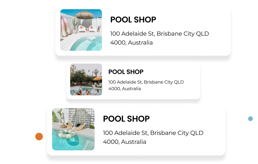 Pool shop dealer location cards showing pool lifestyle photos and address