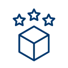 Blue icon of stars above a cube representing premium product quality