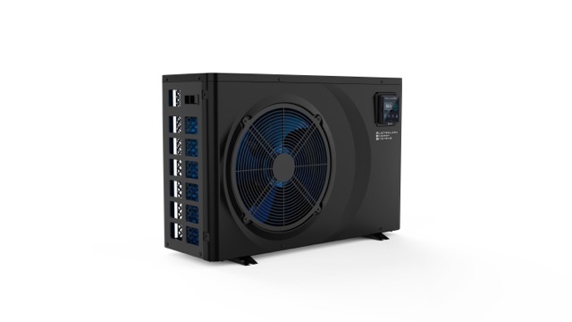 AES EFI Ultra full inverter pool heat pump front view showing fan grille and side control panel