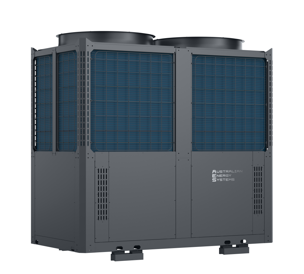 AES Next Gen Ultra commercial pool heat pump with dual top fans and blue-finned coil