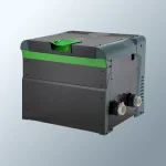 Angled view of a grey gas pool and spa heater unit with green accent panel