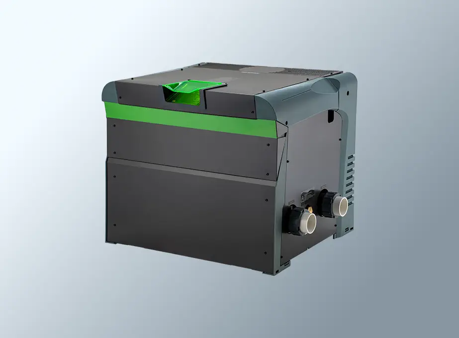 Angled view of a grey gas pool and spa heater unit with green accent panel