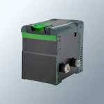 Front angled view of a grey gas pool heater cabinet with green trim