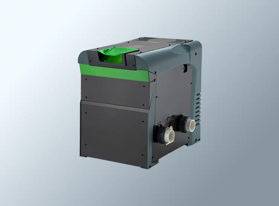 Angled view of a grey gas pool heater unit with green accent stripe and vents