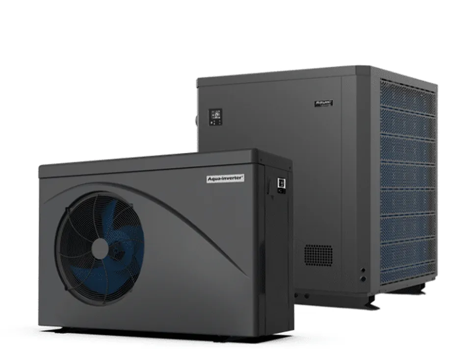 Two dark grey pool heat pump units shown on a white background