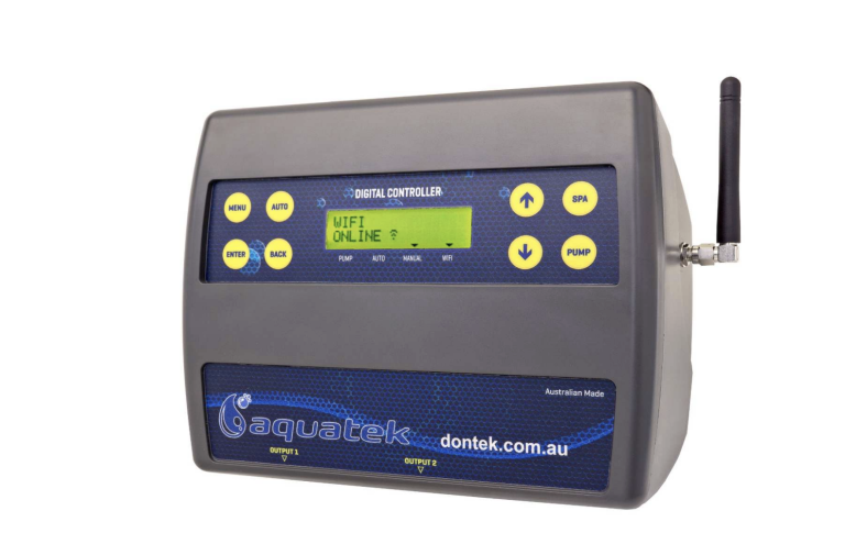 AQUATEK digital pool controller display showing WiFi online status and pump control buttons