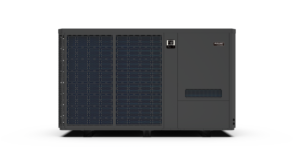 Angled view of a large grey Fairland pool heat pump with wide mesh intake panel
