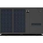 Angled view of a large grey Fairland pool heat pump with wide mesh intake panel