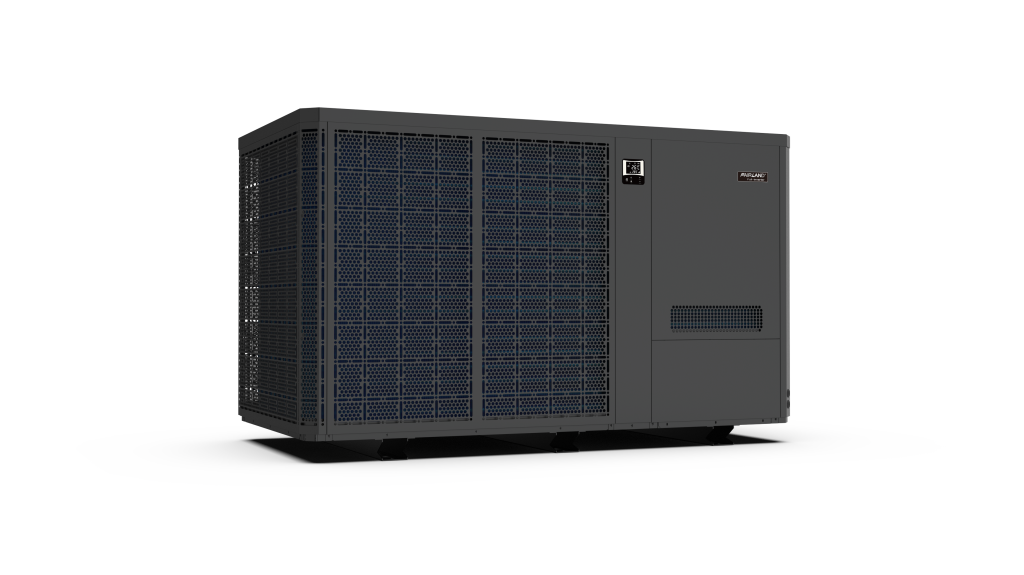Front-angled view of a large grey Fairland pool heat pump with vent grille and display