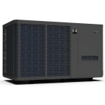 Front-angled view of a large grey Fairland pool heat pump with vent grille and display