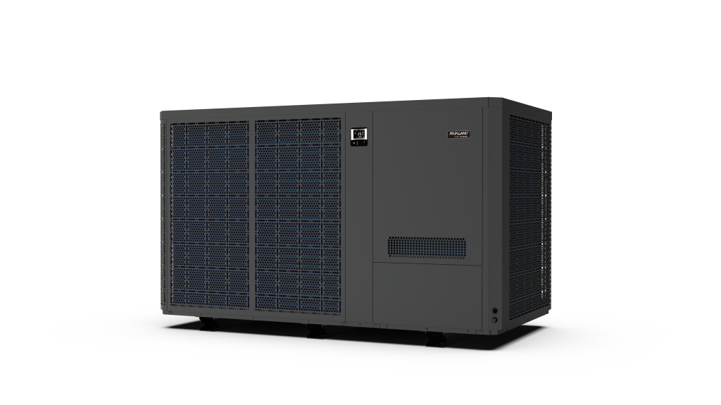 Front view of a wide grey Fairland pool heat pump with blue mesh air intake panels