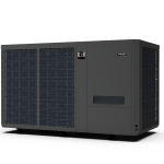 Front view of a wide grey Fairland pool heat pump with blue mesh air intake panels