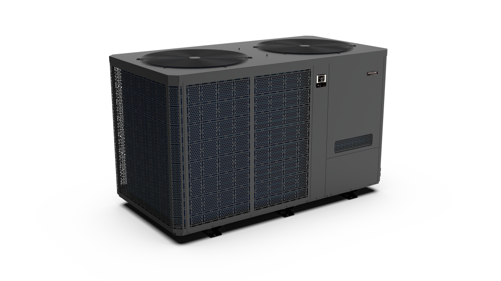 Angled view of a large Fairland pool heat pump with twin top fans and blue mesh panel