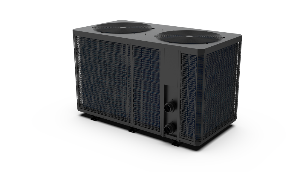 Black pool heat pump unit with dual top fan grilles, angled view
