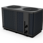 Black pool heat pump unit with dual top fan grilles, angled view