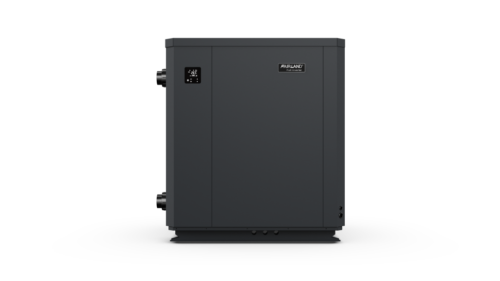 Front view of a black Fairland Full-Inverter pool heat pump with digital control panel