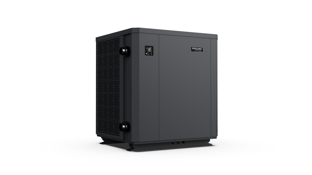 Angled view of a black Fairland pool heat pump showing side vent mesh and control display