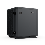 Angled view of a black Fairland pool heat pump showing side vent mesh and control display