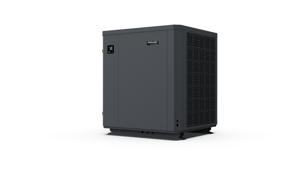 Three-quarter view of a black Fairland Full-Inverter heat pump with mesh air intake panel