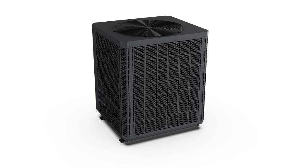 Top-down angled view of a black pool heat pump showing its circular fan grille