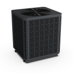 Top-down angled view of a black pool heat pump showing its circular fan grille