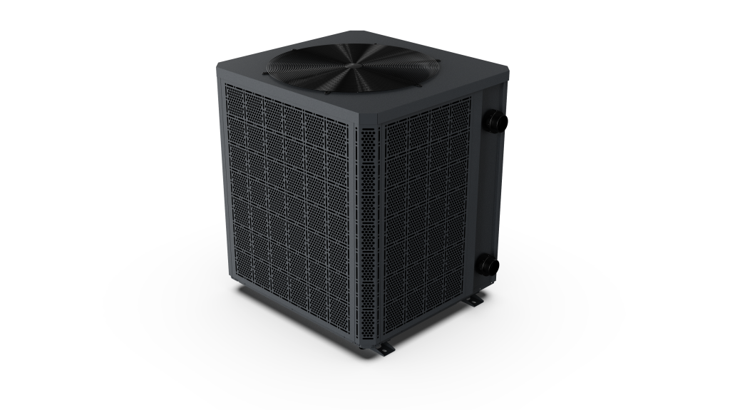 Rear angled view of a black pool heat pump with top fan grille and pipe connection ports