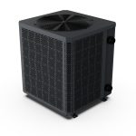 Rear angled view of a black pool heat pump with top fan grille and pipe connection ports