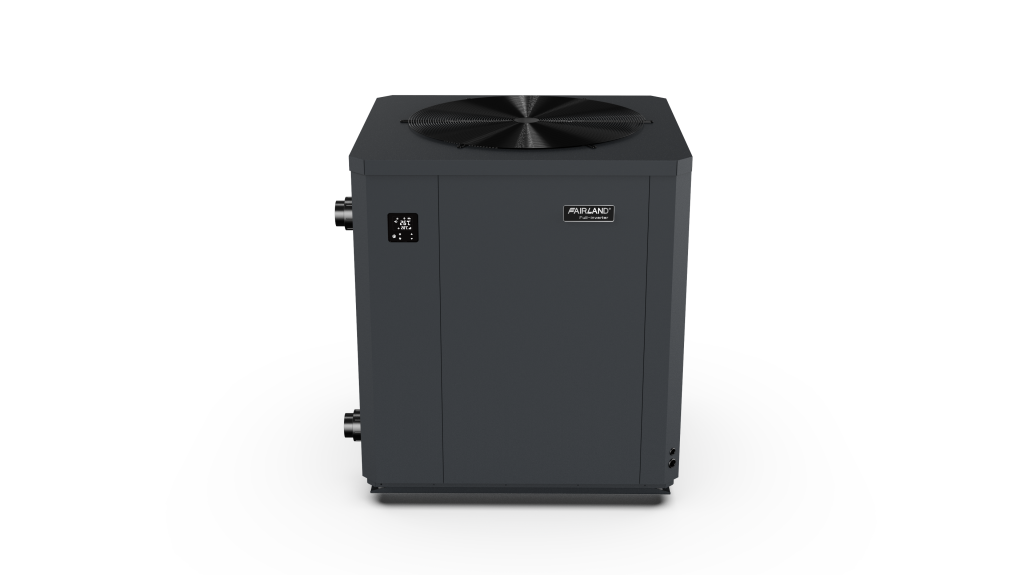 Front angled view of a black Fairland pool heat pump with top fan and display panel
