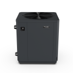 Front angled view of a black Fairland pool heat pump with top fan and display panel
