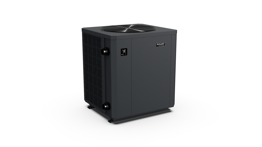 Three-quarter angled view of a black Fairland pool heat pump with top fan and pipe fitting