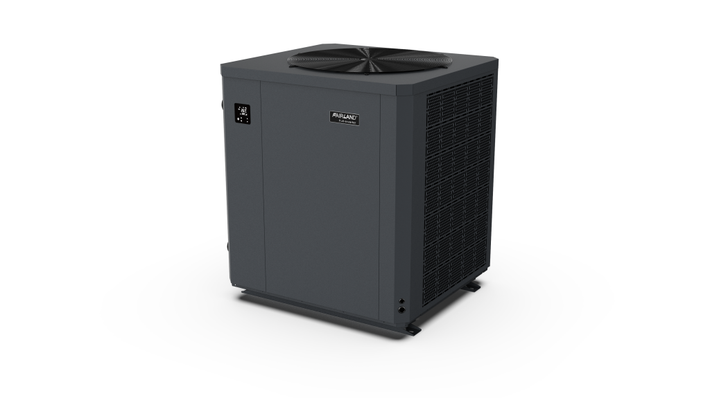 Front-angled view of a black Fairland Full-Inverter pool heat pump unit