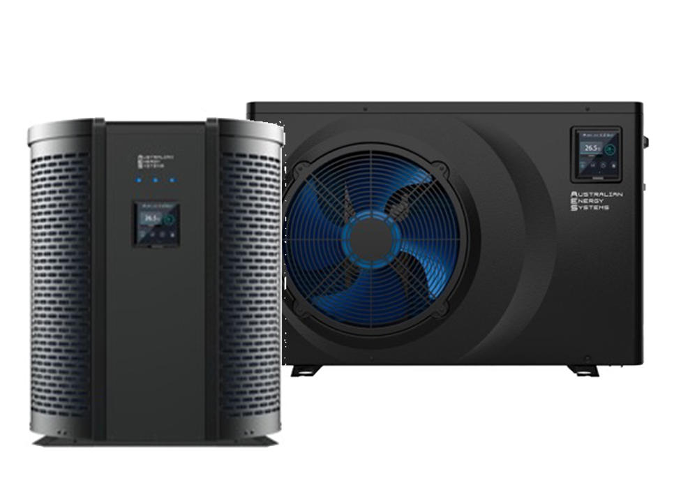 Two Australian Energy Systems pool heat pump units displayed side by side
