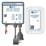 ESL-SC-1 WIRELESS Illustration of an Ultra Wireless Solar Controller showcasing pool and roof temperatures, set temperature, and heating status. A rectangular wireless temperature transmitter appears beside it. Perfect for your product library, both are branded with the Australian Energy Systems logo. | AES Pool Heating Solutions