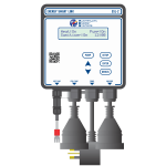 ESL-SC-1 This image showcases an Energy Smart Link device by Australian Energy Systems from the Product Library. It features a digital display indicating system statuses—heat, pump, and sanitizer options—with buttons labeled: pump, setup, enter, and cancel. Three connected cables complete the setup. | AES Pool Heating Solutions